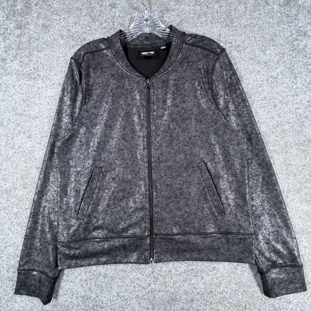 Cascade Sport Metallic Foil Womens Jacket Size L Silver Black Stretch Full Zip